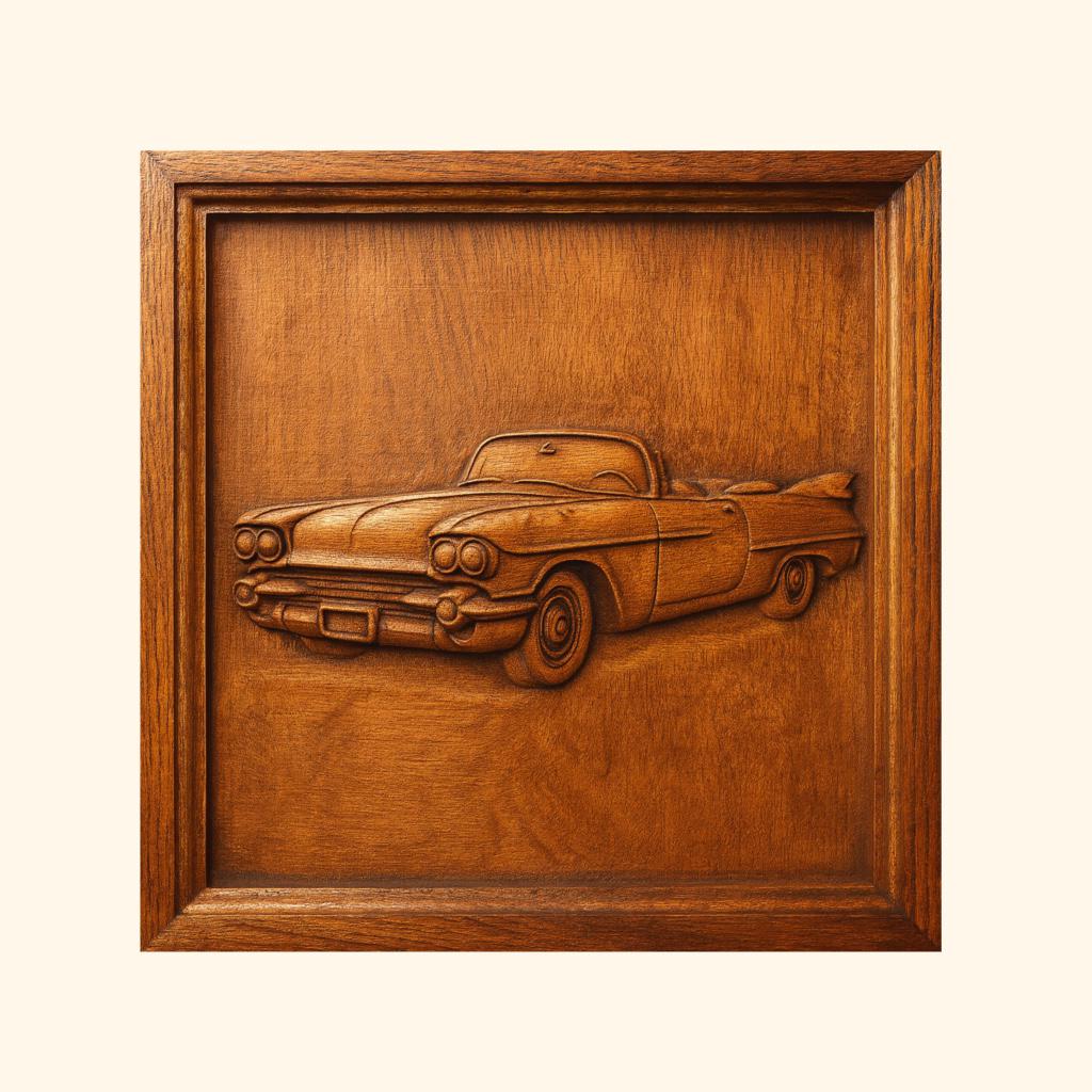 A wooden-framed panel, part of the Form Arcade Classic Car 3-Pack CNC STL Bundle | Automotive CNC Wall Art, features a detailed relief carving of a vintage car with smooth lines and classic styling in a warm brown finish—ideal for woodworking projects or adding to your CNC STL collection.