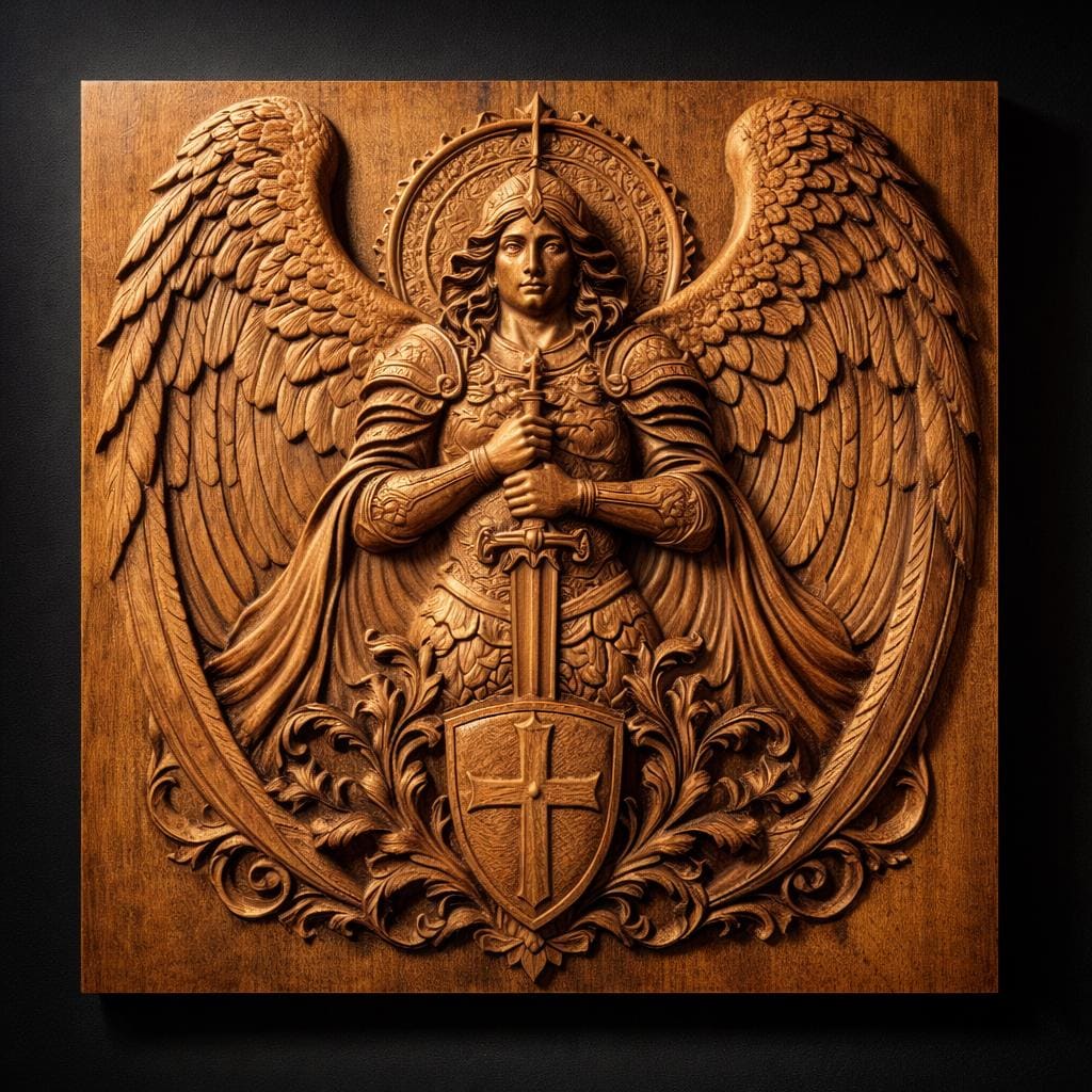 Presenting the Archangel Guardian Relief STL File by Form Arcade—a stunning depiction of an armored angel with grand wings, sword, and shield, rendered in a classical ornate style against a dramatic dark backdrop. Ideal as religious CNC wall art, this digital design highlights exceptional craftsmanship and is perfect for detailed relief carving projects.