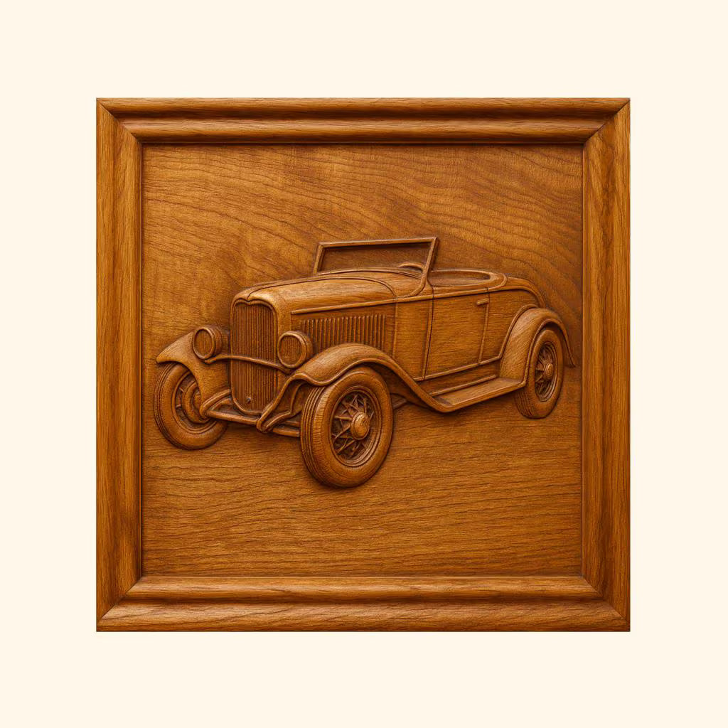 The Classic Car 3-Pack CNC STL Bundle by Form Arcade features a wooden carving of a vintage convertible car, beautifully displayed in a rectangular wooden frame against a plain, light background—ideal for woodworking projects or as part of your automotive-themed CNC wall art collection.