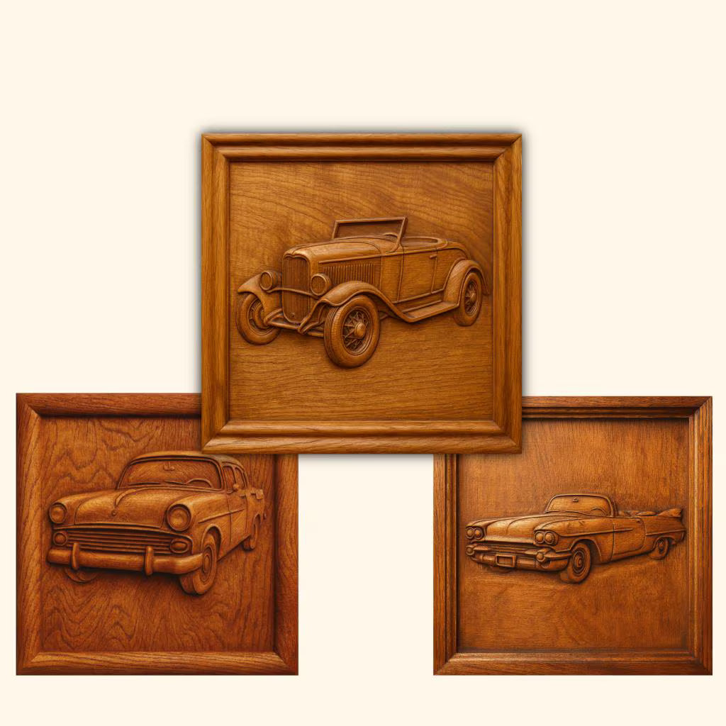 The Classic Car 3-Pack CNC STL Bundle by Form Arcade features three wooden plaques with detailed relief carvings of classic cars—a convertible at the top center, a sedan on the lower left, and a coupe on the lower right—all set against a light background. Perfect for woodworking projects or as part of your automotive CNC wall art collection.
