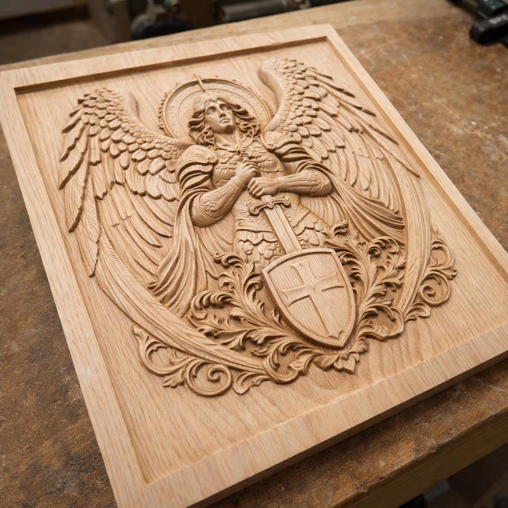 A detailed wood carving from Form Arcade’s “Archangel Guardian Relief STL File” depicts an armored angel with wings, holding a sword and a shield adorned with a cross, surrounded by ornate patterns and resting on a workshop table. This religious CNC wall art serves as inspiring decor, featuring the Guardian Archangel Warrior design.