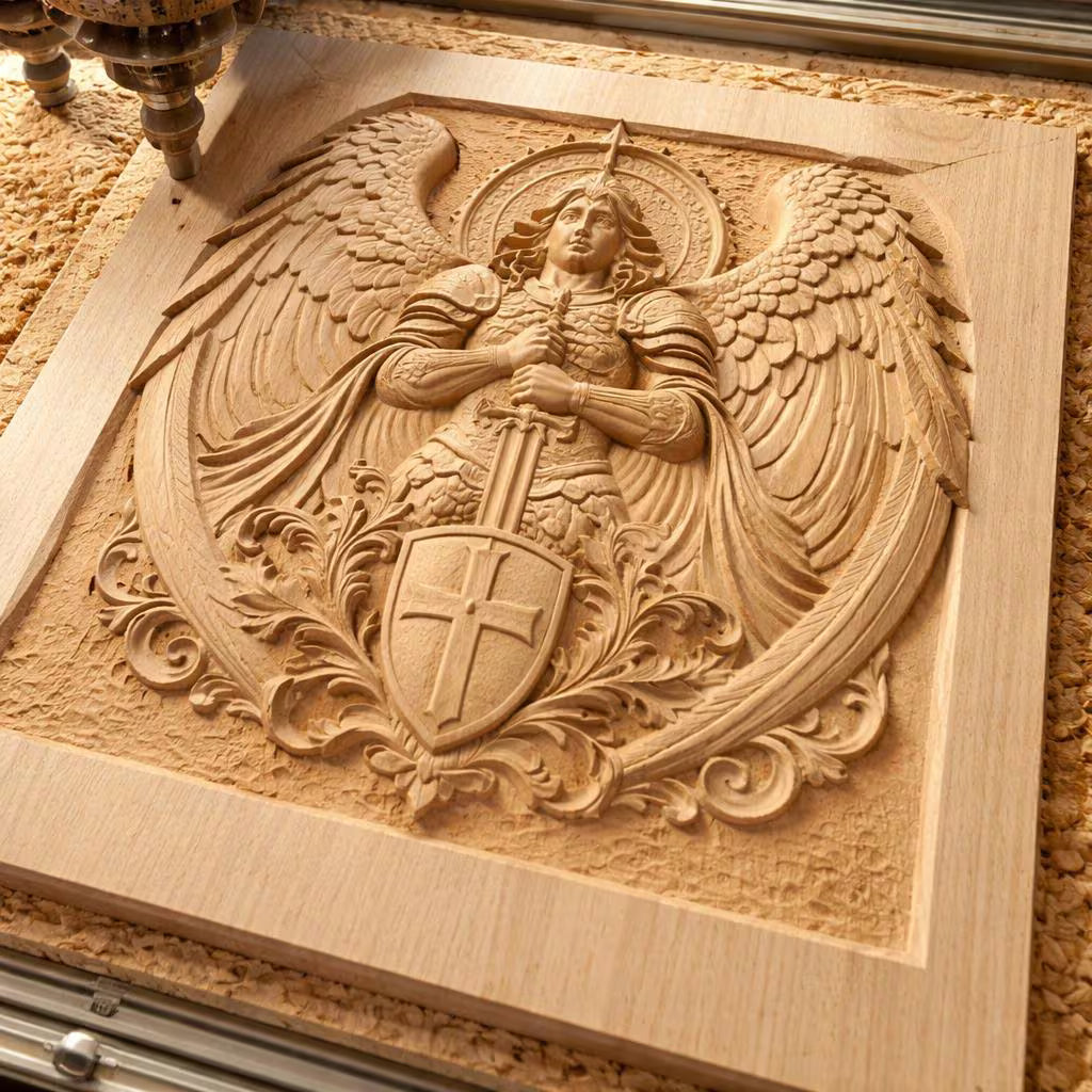 Experience the Archangel Guardian Relief STL File by Form Arcade—a beautifully detailed wooden wall art design featuring an armored angel with wings, sword, and cross-emblazoned shield, all surrounded by ornate carving. Perfect for religious-themed CNC relief carving projects, this digital file captures the essence of a guardian archangel and makes a striking addition to any workshop or sacred space.