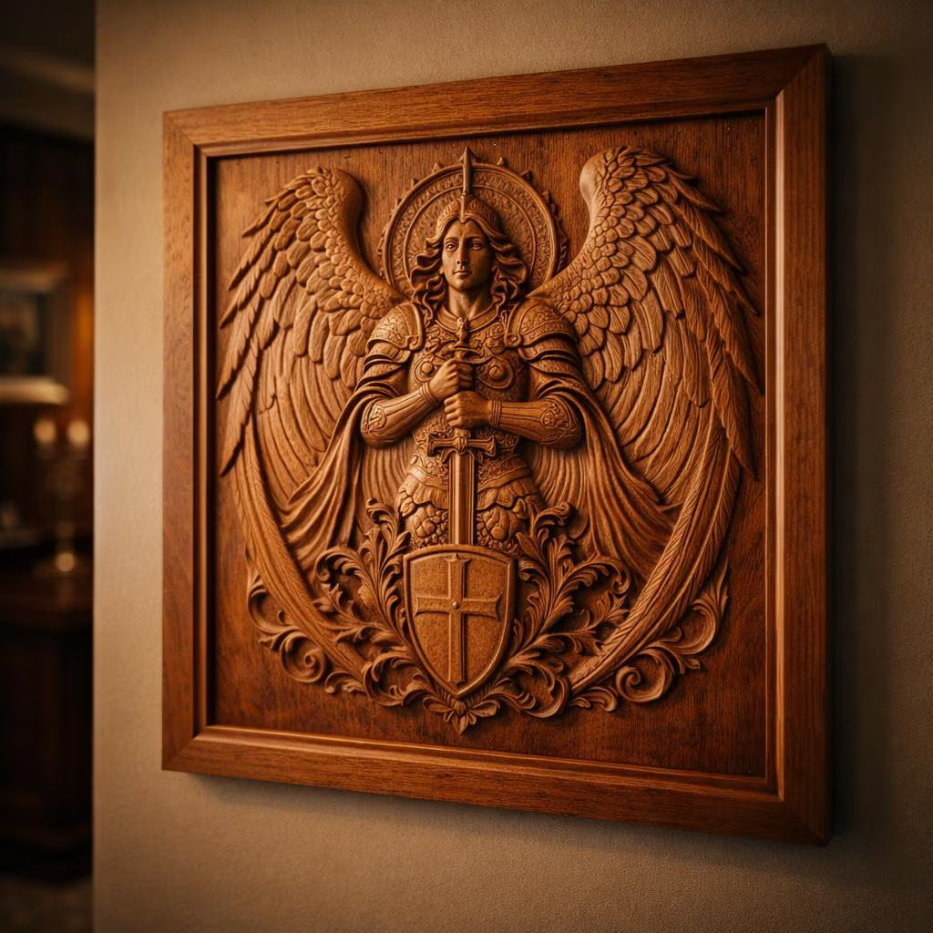 The Archangel Guardian Relief STL File | Religious CNC Wall Art by Form Arcade features a wooden wall carving of an armored angel with wings, holding a sword and shield amid intricate details. This framed indoor decor highlights expert CNC relief craftsmanship in its Guardian Archangel Warrior design.