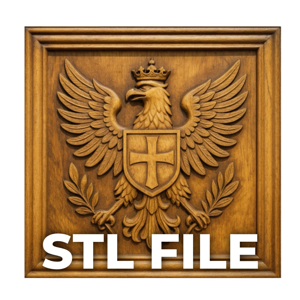 The Imperial Eagle Crest Relief STL File by Form Arcade features a heraldic eagle with outstretched wings, crown, and shield in a square frame—ideal for CNC carving or 3D printing. "STL FILE" is boldly displayed at the bottom.
