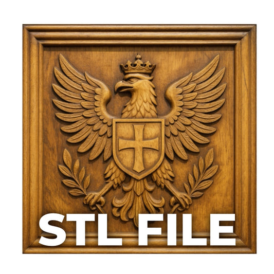 The Imperial Eagle Crest Relief STL File by Form Arcade features a heraldic eagle with outstretched wings, crown, and shield in a square frame—ideal for CNC carving or 3D printing. "STL FILE" is boldly displayed at the bottom.