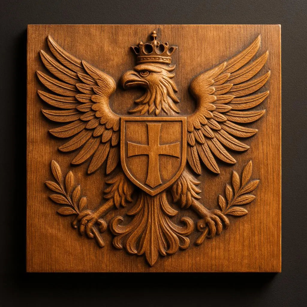 The Imperial Eagle Crest Relief STL File by Form Arcade features a heraldic eagle with spread wings, a crown, shield with cross, and laurel branch, mounted on a square plaque—ideal CNC wall art for collectors.