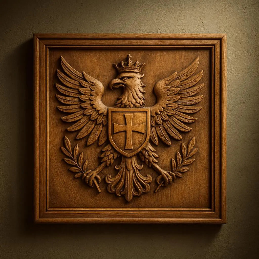 The Imperial Eagle Crest Relief STL File by Form Arcade features a heraldic eagle with outspread wings, crown, and shield with cross, framed by laurel branches—perfect for CNC wall art.