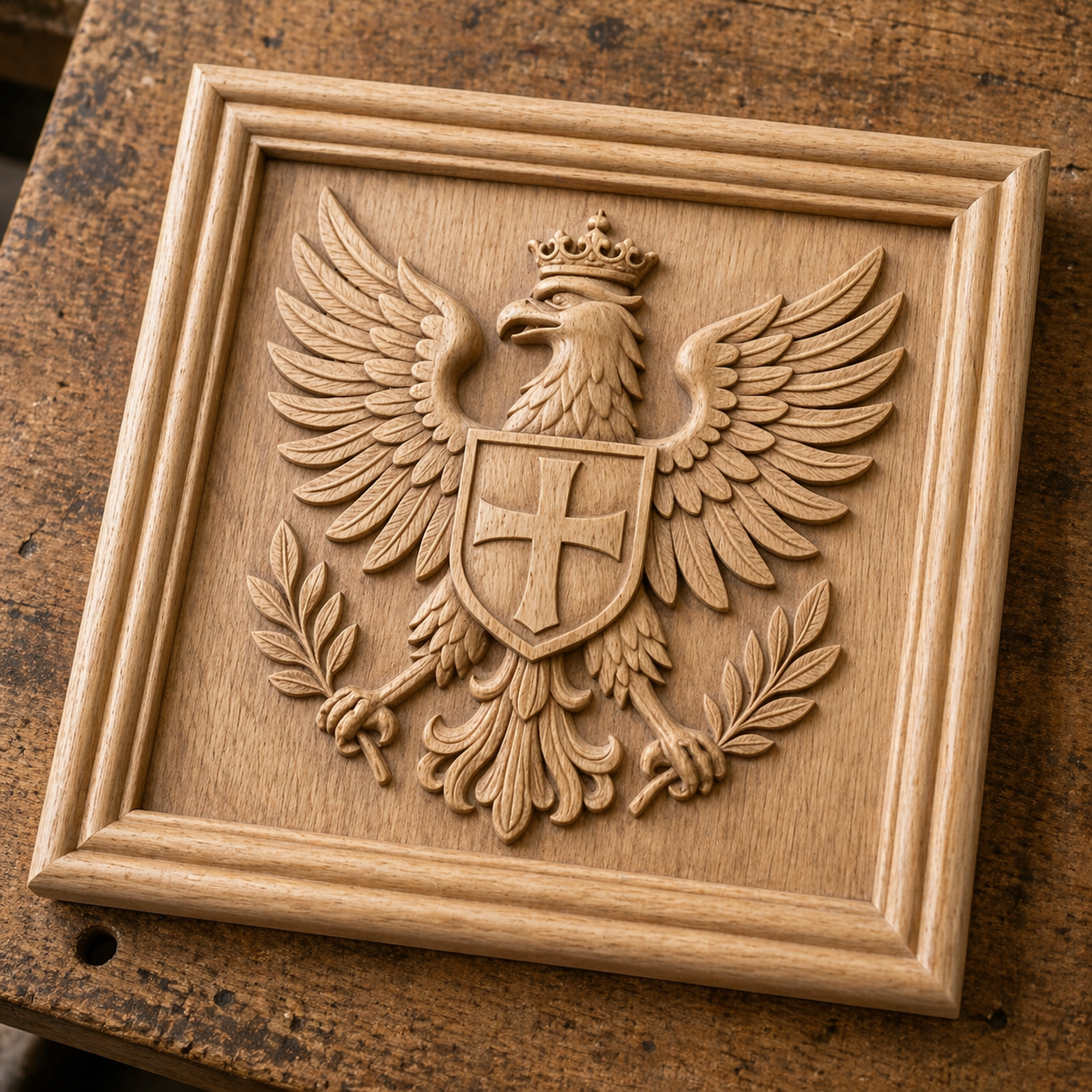 The Imperial Eagle Crest Relief STL File by Form Arcade features a detailed heraldic eagle with crown, shield, and laurel branches—perfect CNC wall art for those seeking a stunning imperial design for their project.
