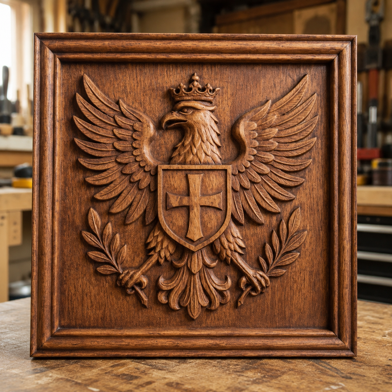 The Imperial Eagle Crest Relief STL File by Form Arcade features a detailed heraldic eagle with outstretched wings, crown, and shield with cross, perfect for CNC wall art enthusiasts. Workshop setting in background.