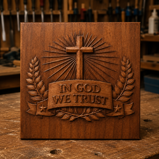 The "In God We Trust Cross Relief STL File | Christian CNC Wall Art" by Form Arcade features a detailed design with a carved cross, sun rays, laurel branches, and a banner reading "In God We Trust." Displayed on a workbench in a workshop, this piece highlights the artistry of intricate CNC relief carving.
