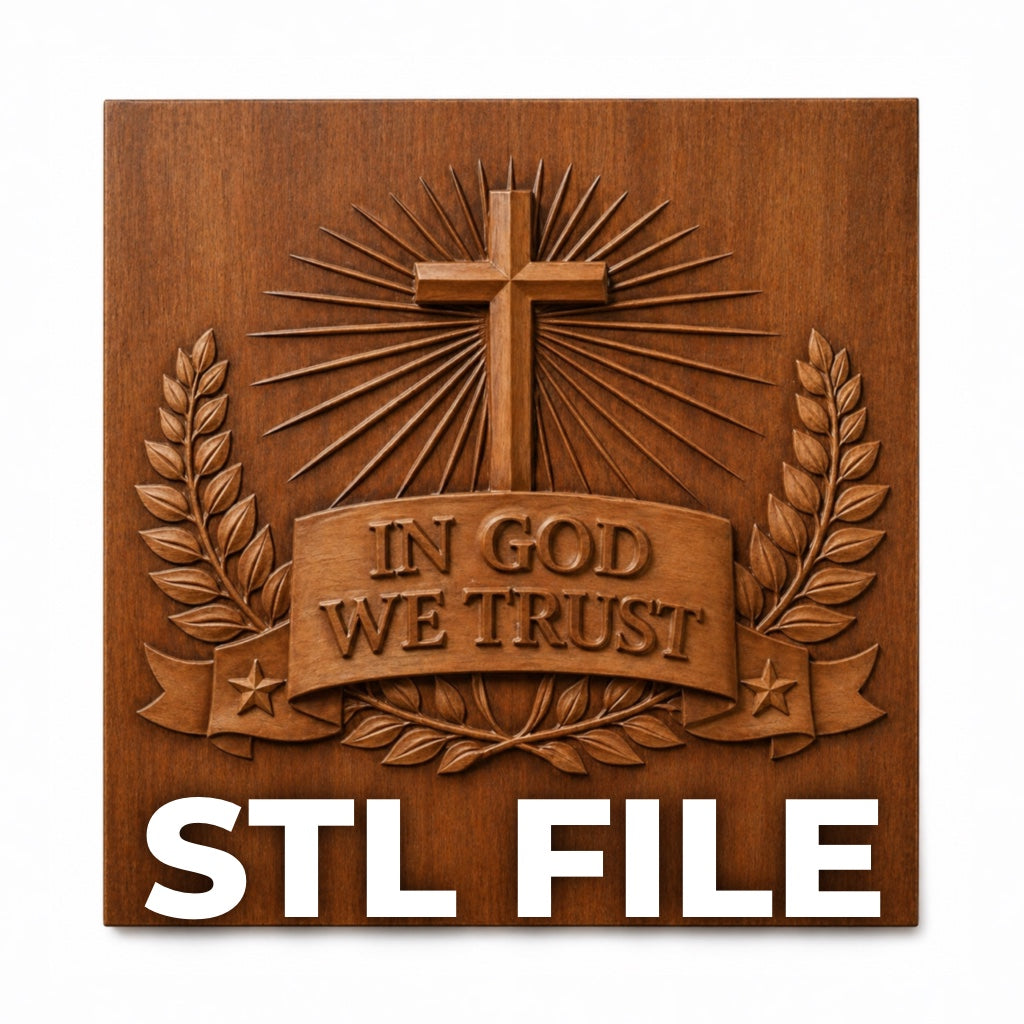 The In God We Trust Cross Relief STL File by Form Arcade is a digital design for CNC wall art, featuring a cross, laurel branches, and an "IN GOD WE TRUST" banner—ideal for CNC carving or 3D printing.