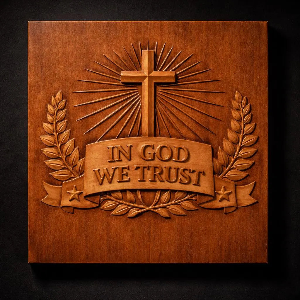 The In God We Trust Cross Relief STL File by Form Arcade features a 3D wooden plaque with a cross, radiant beams, laurel branches, and a ribbon inscribed "In God We Trust"—perfect Christian CNC wall art for your next carving project.