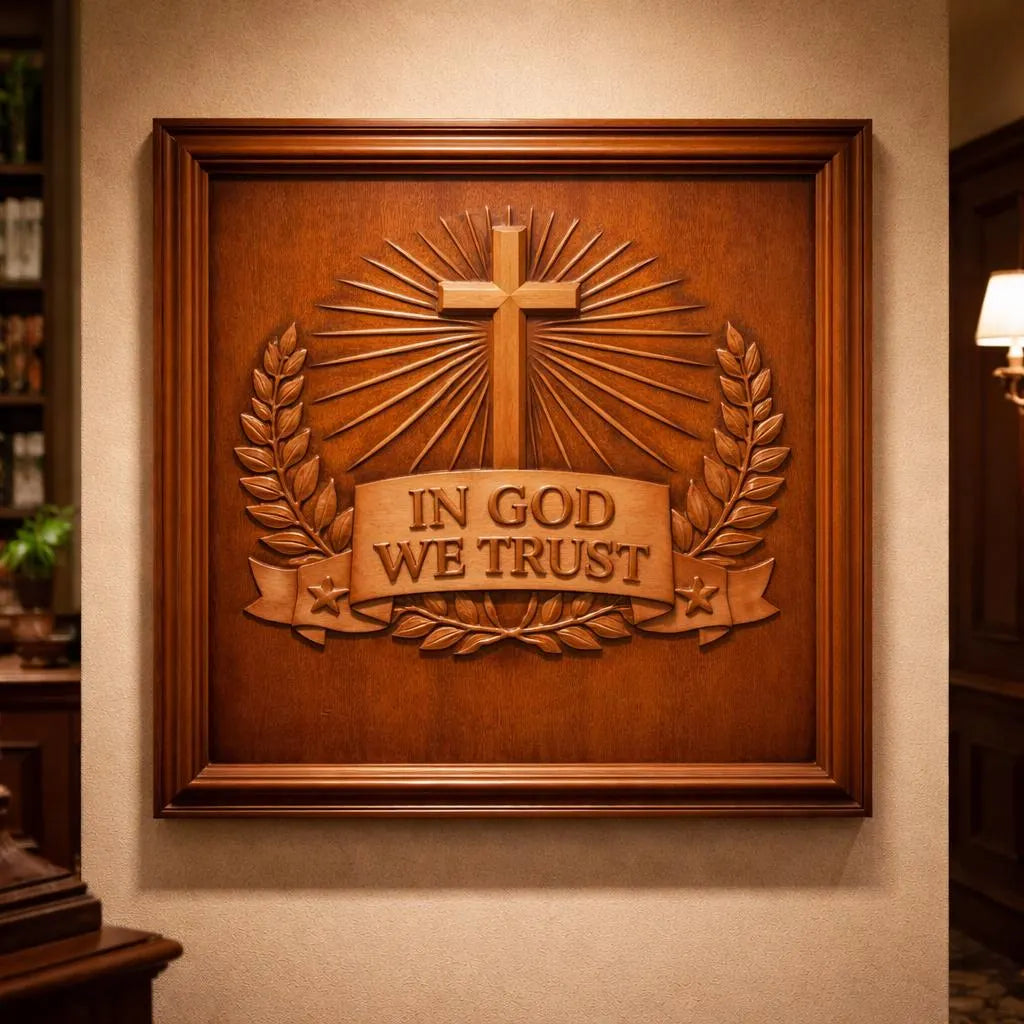The In God We Trust Cross Relief STL File by Form Arcade is ideal for crafting Christian CNC wall art, featuring a cross, radiant rays, laurel leaves, and banner—perfect inspiration to create your own spiritual decor.