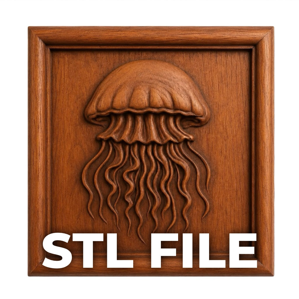 A wooden plaque with a carved jellyfish design, ideal for CNC or woodworking projects. Bold white text at the bottom reads: Jellyfish Relief STL File | Ocean CNC Wall Art by Form Arcade.