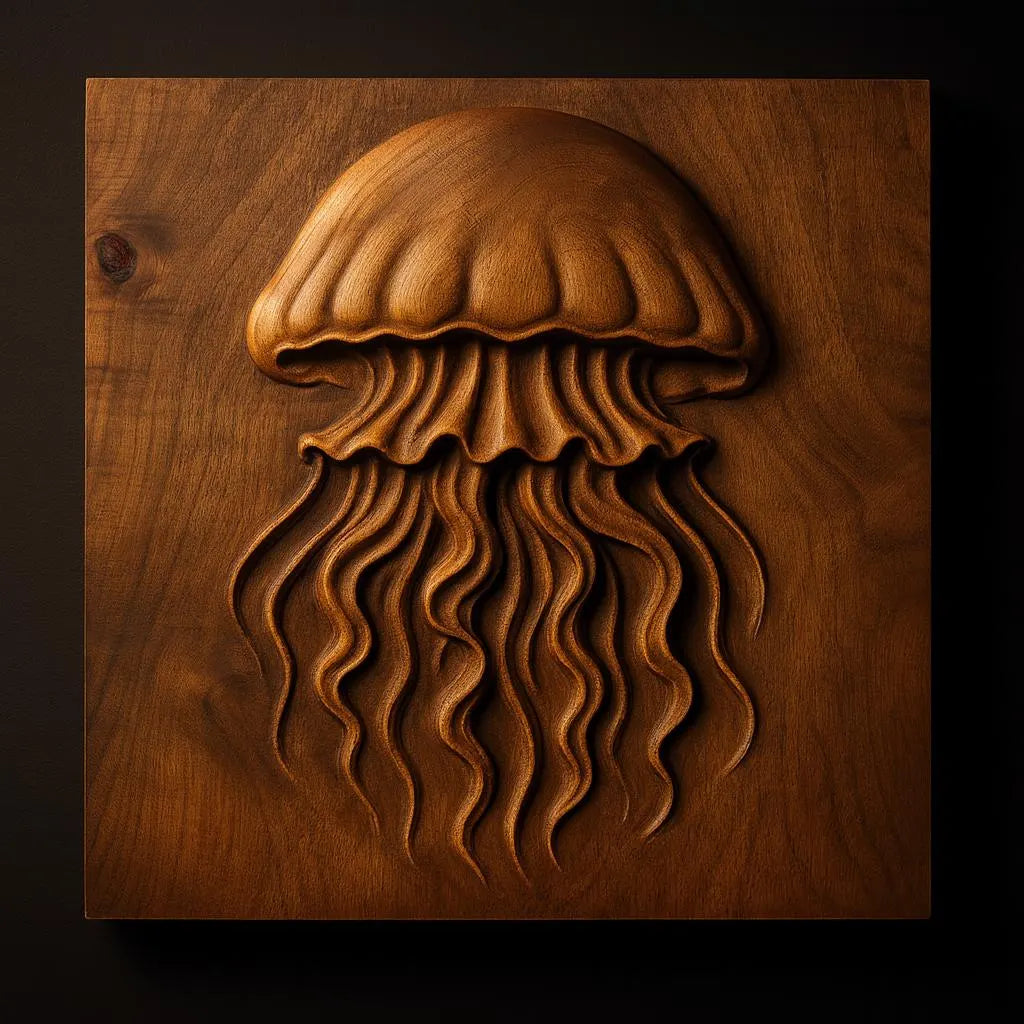 The Jellyfish Relief STL File by Form Arcade is an ocean-themed CNC wall art design, featuring detailed grooves for the bell and tentacles of a jellyfish, perfect for wood carving projects.