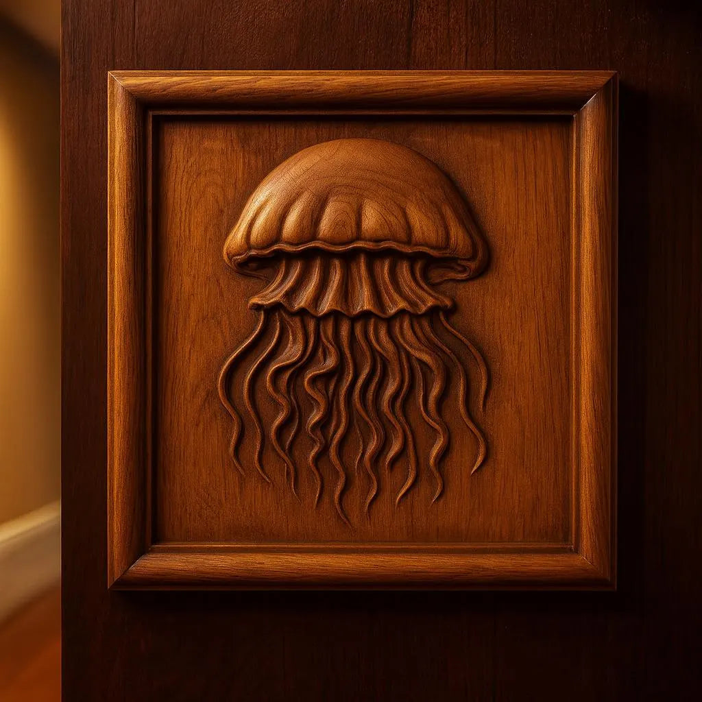The Jellyfish Relief STL File by Form Arcade features a detailed CNC carving of a jellyfish with flowing tentacles, perfect for ocean-themed wall art or woodworking enthusiasts seeking unique CNC designs.