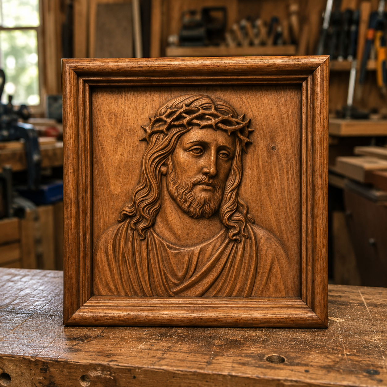 A wooden CNC relief carving of Jesus wearing a crown of thorns, set in a square frame, is displayed on a workbench in a woodworking shop. The Form Arcade "Jesus Christ Portrait CNC Relief STL File | Religious CNC Wall Art" is an excellent choice for your next woodworking project.