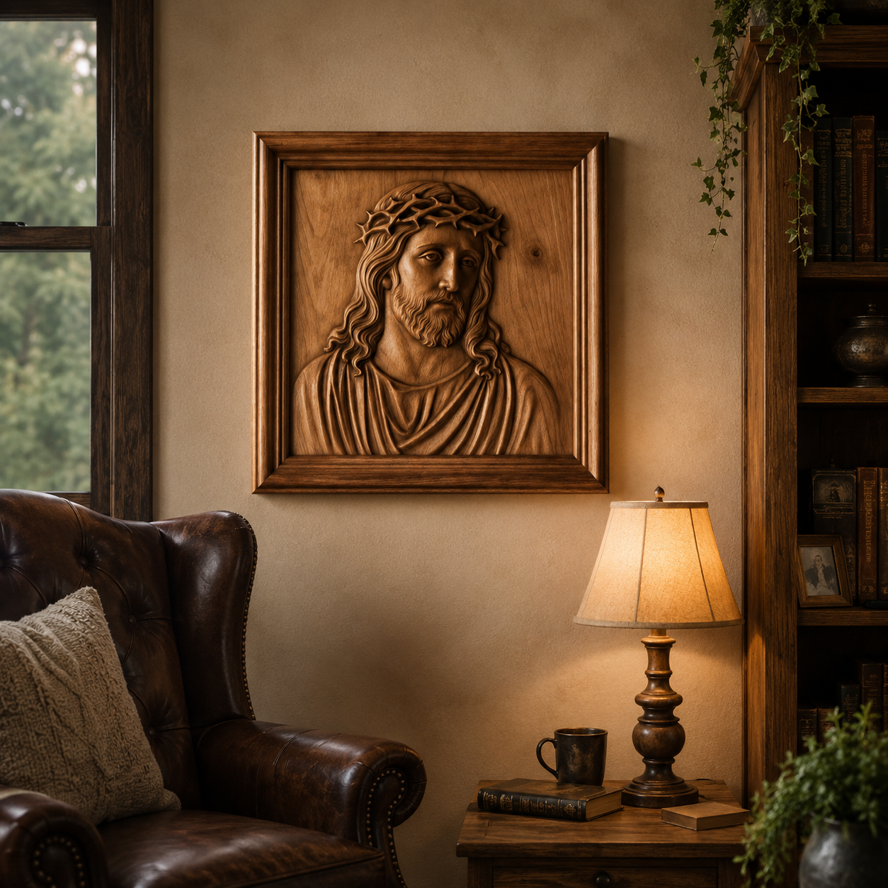 A beautifully crafted Jesus Christ Portrait CNC Relief by Form Arcade—a wooden wall art piece depicting Christ with a crown of thorns—hangs on a beige wall above a lamp and side table in a cozy, warmly lit living room furnished with a leather chair and bookshelves.