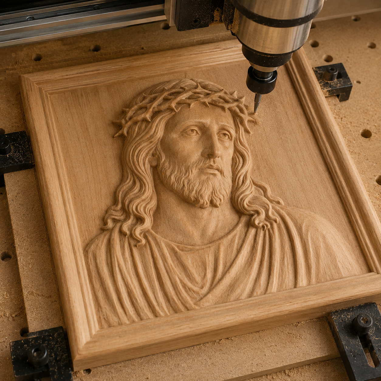 A CNC machine carves a detailed relief of a man with long hair, a beard, and a crown of thorns into a wooden panel. This woodworking project uses the "Jesus Christ Portrait CNC Relief STL File" from Form Arcade and is securely clamped to the machine bed as it creates this religious wall art.