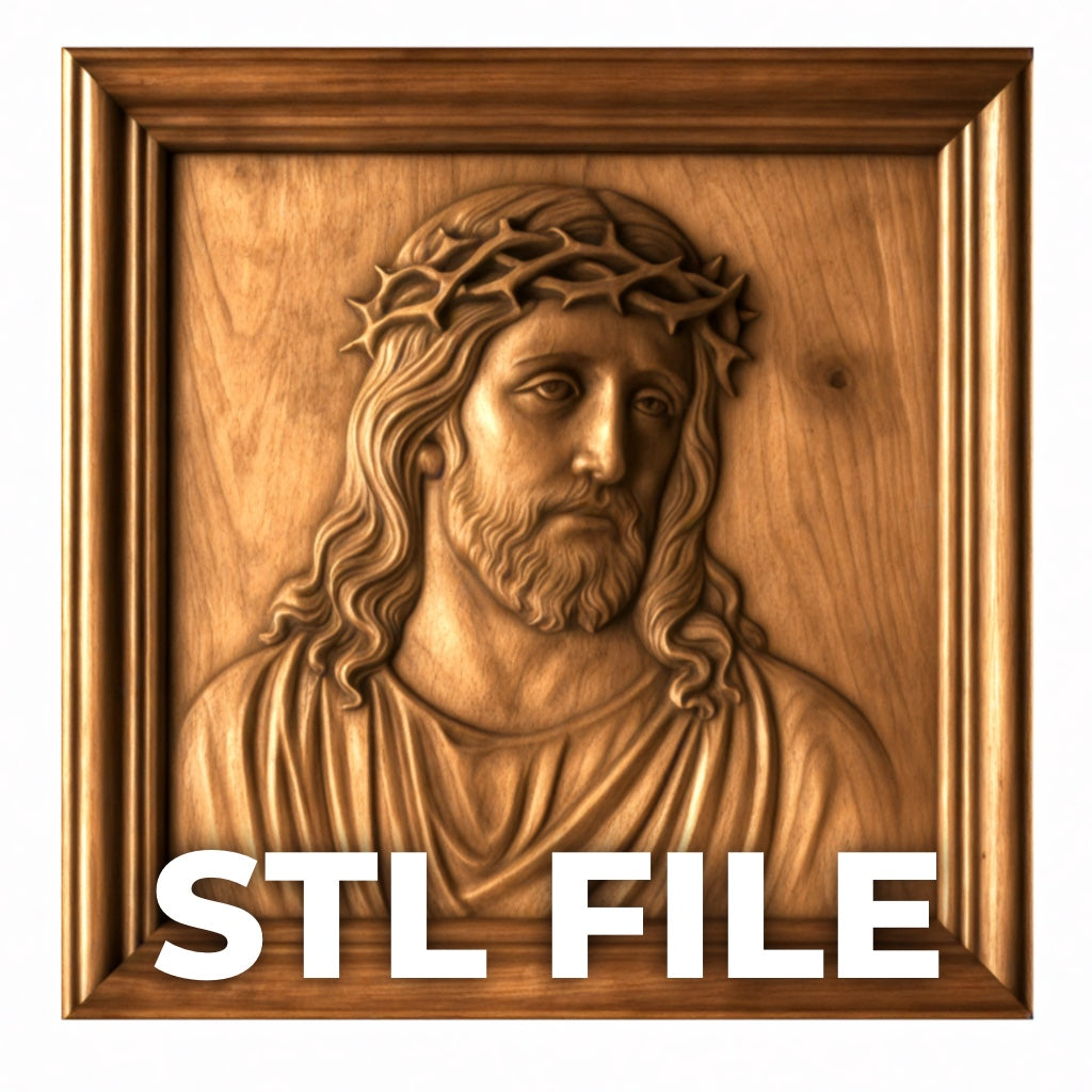 The Jesus Christ Portrait CNC Relief STL File by Form Arcade is a carved wooden-style wall art of Christ with a crown of thorns, framed in a rectangle—ideal for 3D printing and CNC, perfect as religious decor.