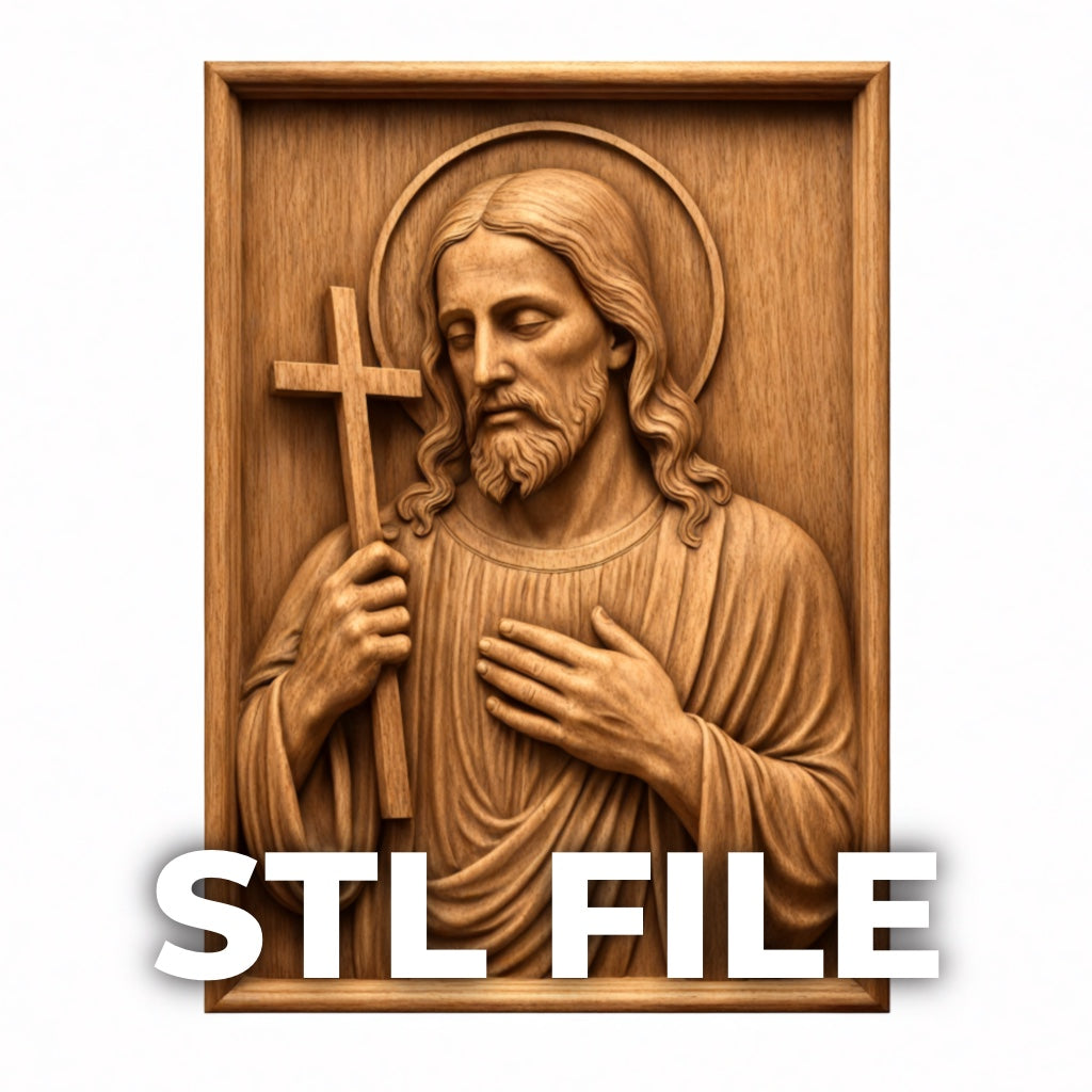 Wooden relief carving of Jesus holding a cross with a halo, hand on his chest. "Jesus Cross Portrait CNC Relief STL File | Christian CNC Wall Art" by Form Arcade, perfect for CNC projects or 3D printing.