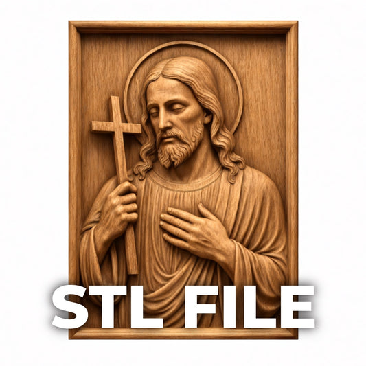 Wooden relief carving of Jesus holding a cross with a halo, hand on his chest. "Jesus Cross Portrait CNC Relief STL File | Christian CNC Wall Art" by Form Arcade, perfect for CNC projects or 3D printing.
