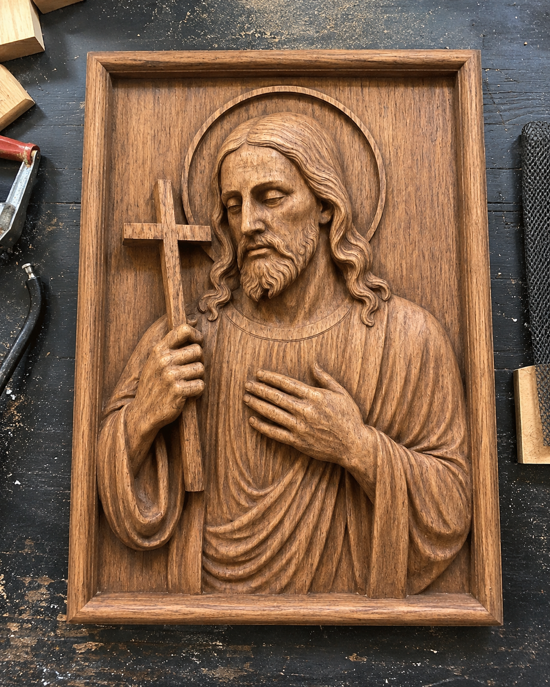 The Jesus Cross Portrait CNC Relief STL File by Form Arcade is a detailed Christian wall art design showing Jesus holding a cross and touching his chest, framed in a rectangle—perfect for your woodworking or CNC projects.