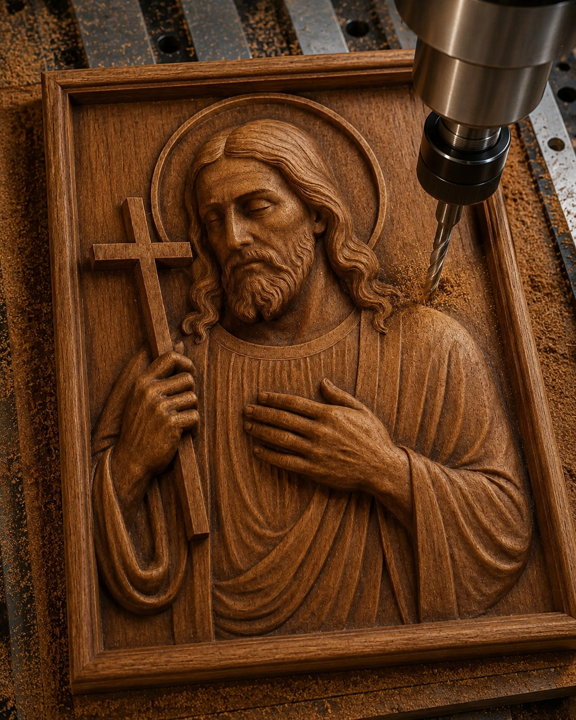 The Jesus Cross Portrait CNC Relief STL File by Form Arcade is a detailed Christian wall art design for CNC machines, ideal for woodworking projects and creating inspiring décor with Jesus holding a cross on his chest.