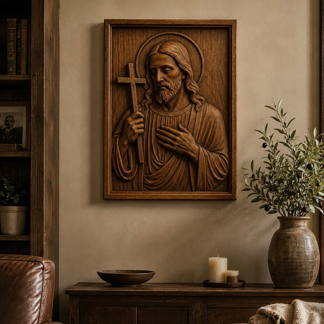 The Jesus Cross Portrait CNC Relief STL File by Form Arcade hangs on a beige wall above a wooden table adorned with candles, a bowl, and olive branches, creating a warm, rustic Christian interior.