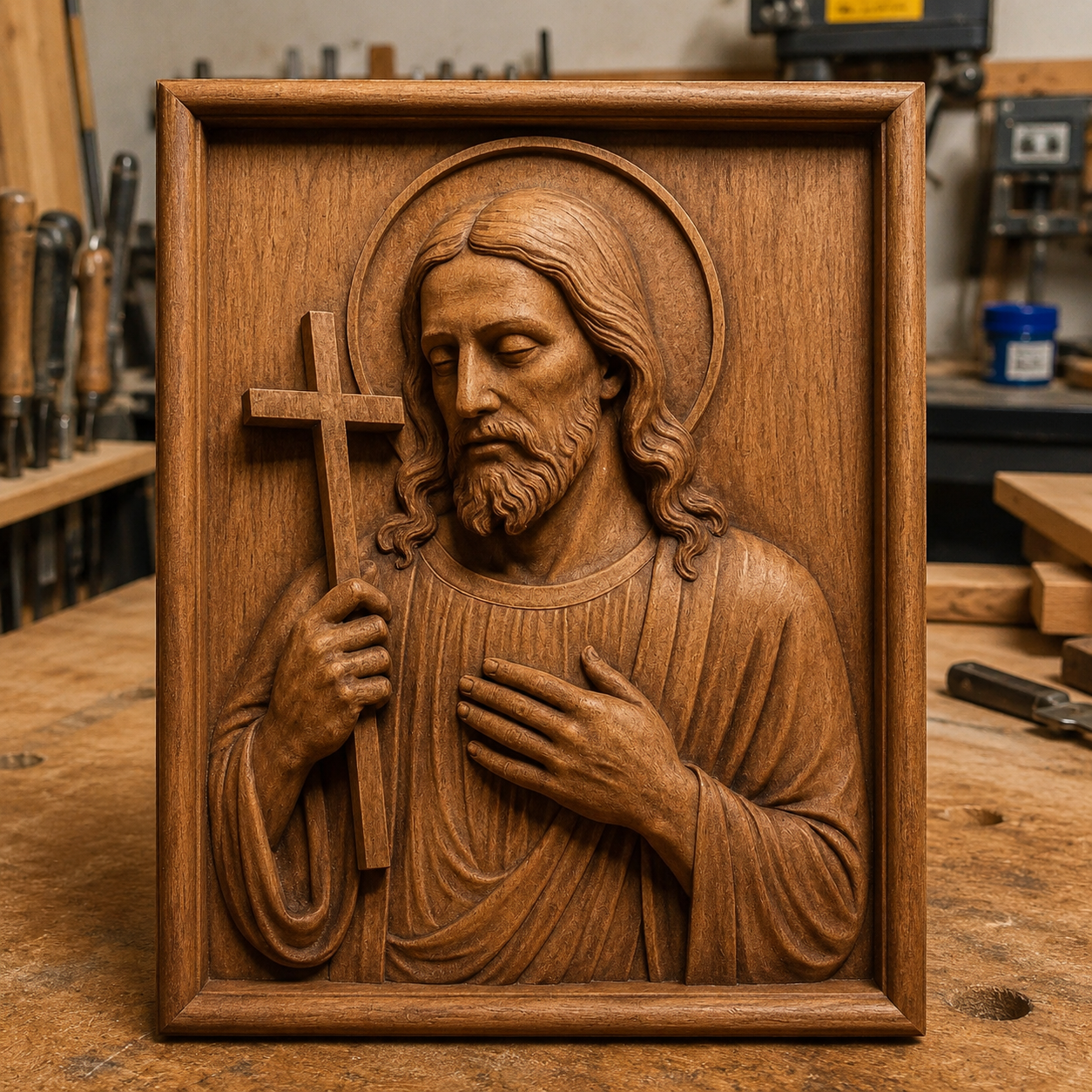 The Jesus Cross Portrait CNC Relief STL File by Form Arcade is a detailed Christian wall art design, ideal for woodworking projects—perfect to display upright in your woodshop or craft space.