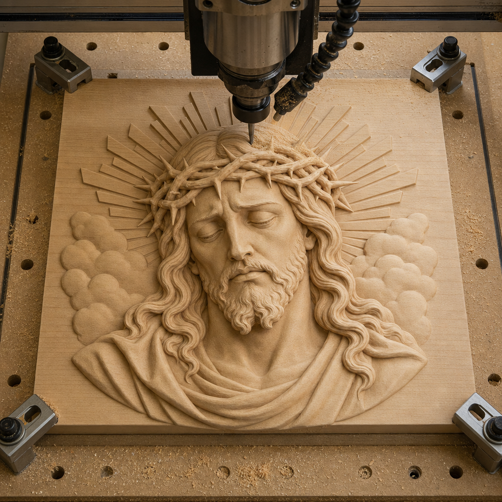 A CNC router cuts a wood relief of Jesus with a Crown of Thorns, with the carved face, clouds, and radiant rays visible.