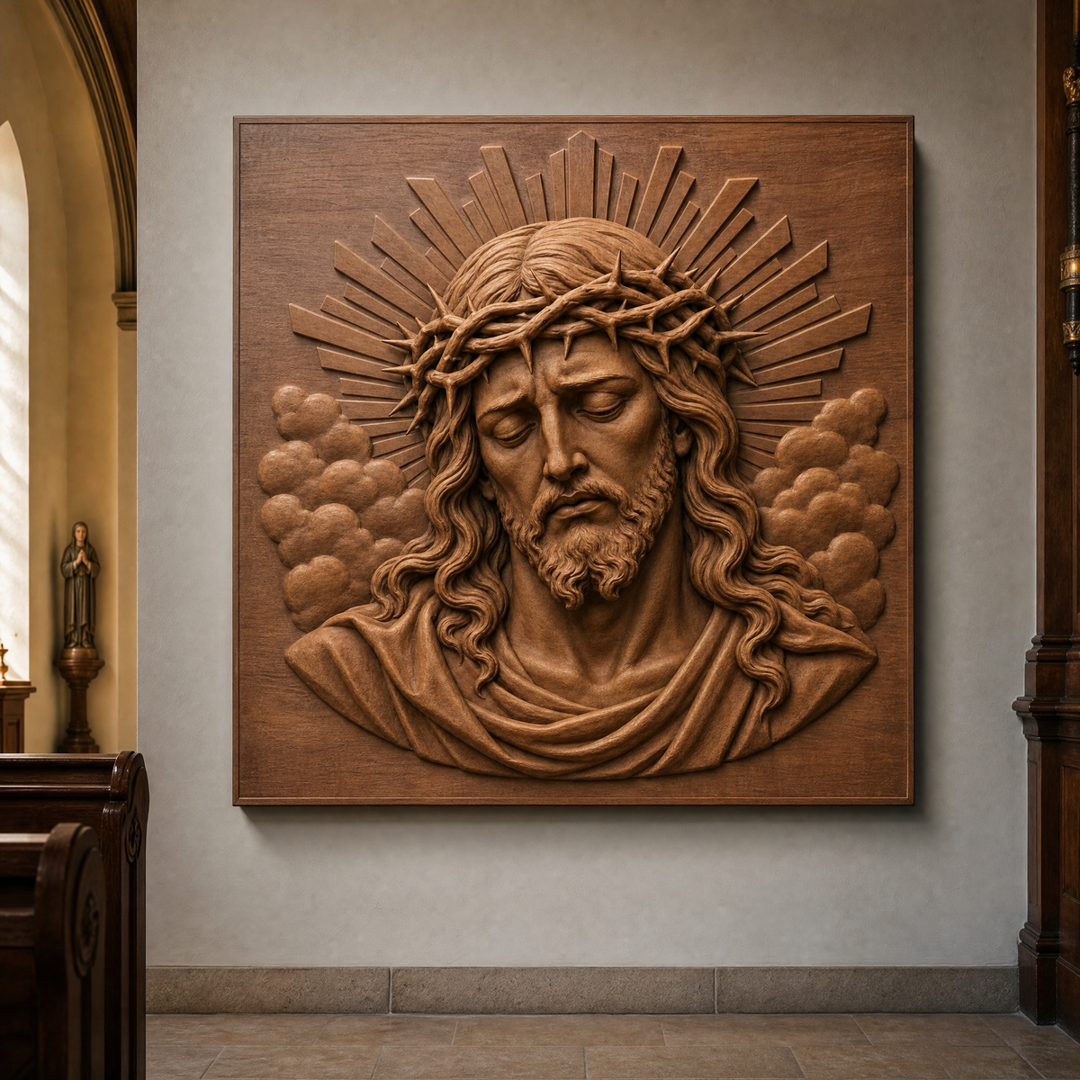 Framed wood CNC relief of Jesus with a Crown of Thorns hangs on an interior wall, surrounded by church furnishings.
