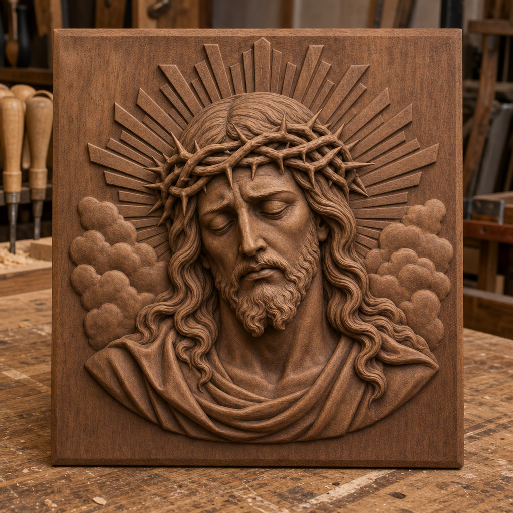 Jesus with a Crown of Thorns appears in a detailed brown wood CNC relief, shown upright in a woodworking shop.