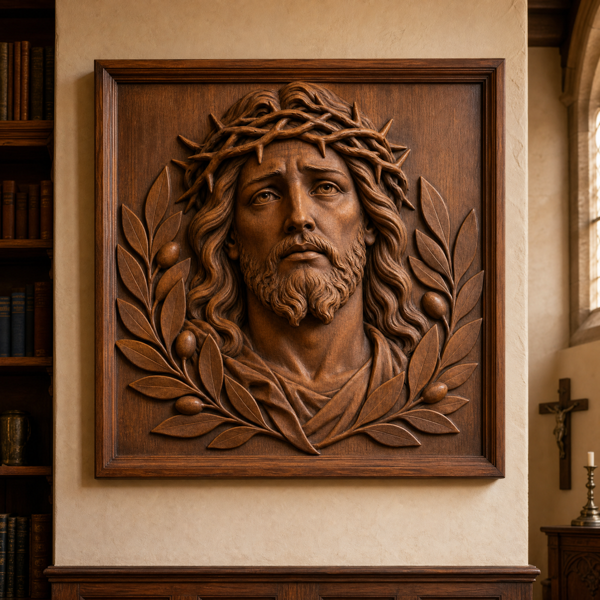 Framed wooden relief of Jesus with a crown of thorns and olive branches displayed on a room wall.