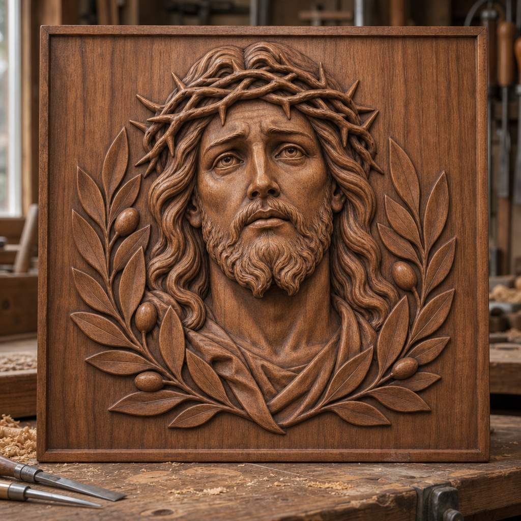 CNC wood relief of Jesus with a crown of thorns and olive branches in a framed panel on a workshop bench.