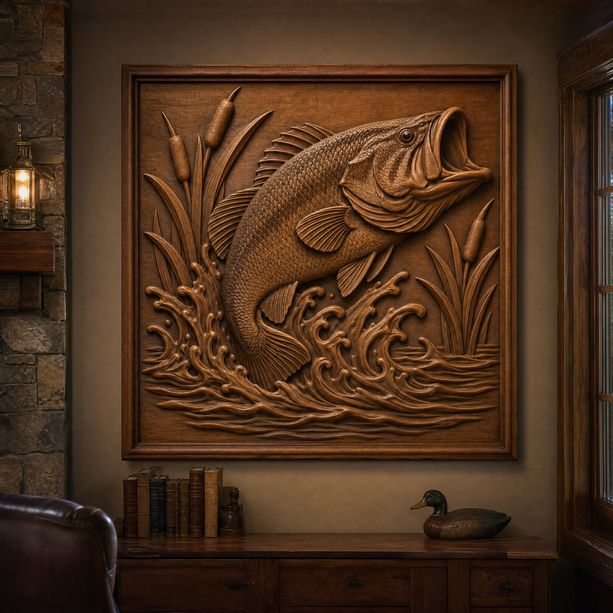 Framed CNC relief of a leaping bass with detailed scales, waves, and cattails displayed on a dark room wall.