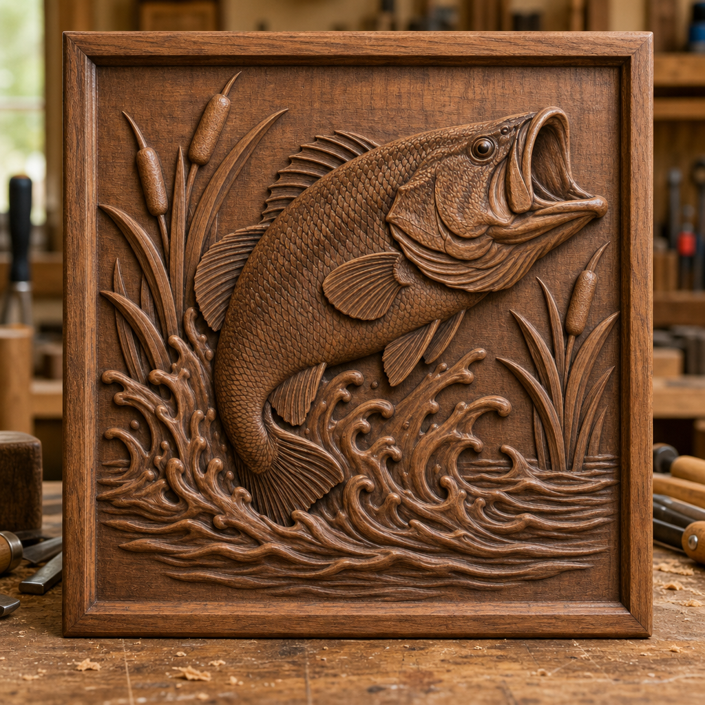 Framed CNC wood relief of a jumping bass surging through curling waves, cattails, and aquatic grasses on a workshop bench.