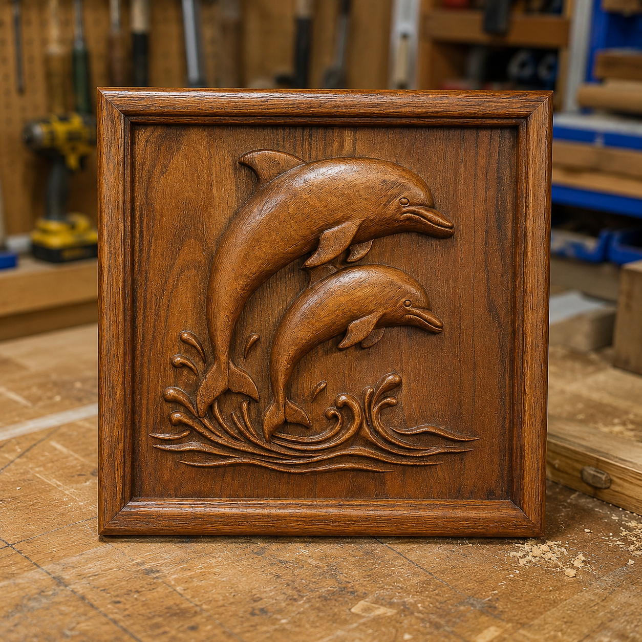 Displayed upright on a workbench in a woodworking shop with tools in the background, this piece showcases Form Arcade's "Jumping Dolphins CNC Relief STL File | Marine CNC Wall Art." The detailed carving of two dolphins leaping over waves highlights exceptional craftsmanship and serves as ideal inspiration for woodworking projects—especially for those using Jumping Dolphins STL files or working on CNC relief carvings.