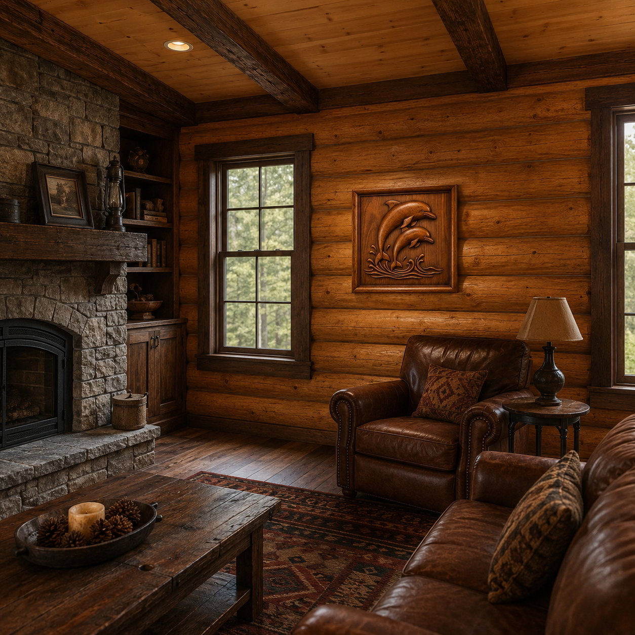 A cozy log cabin living room with a stone fireplace, leather armchair, wood coffee table, and the "Jumping Dolphins CNC Relief" wall art by Form Arcade, crafted as a detailed marine-themed CNC carving. Two windows let in natural light, highlighting the rustic decor and creating a warm, inviting atmosphere that’s perfect for woodworking projects.