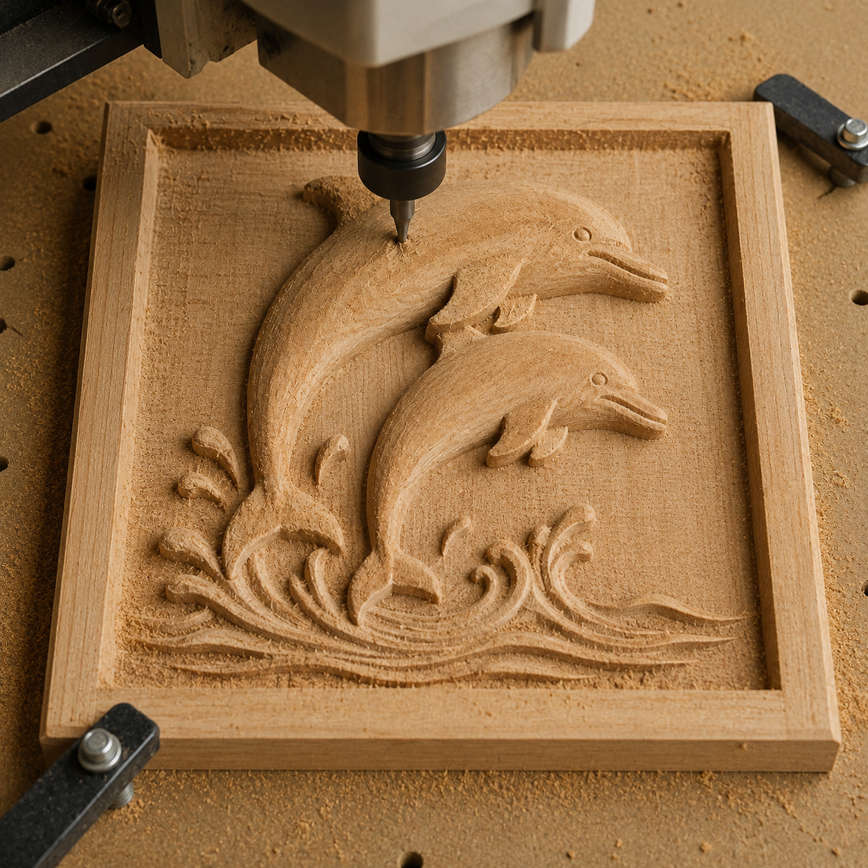 Form Arcade’s "Jumping Dolphins CNC Relief STL File | Marine CNC Wall Art" brings to life a wooden plaque with two dolphins leaping above stylized waves—shaped by precise relief carving, and nestled amid sawdust and metal clamps—an inspiring addition to any woodworking project.
