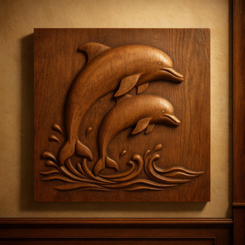 A warmly colored wall with wooden trim is adorned with a beautiful marine-themed panel: the "Jumping Dolphins CNC Relief STL File | Marine CNC Wall Art" by Form Arcade, featuring two dolphins leaping over stylized waves.