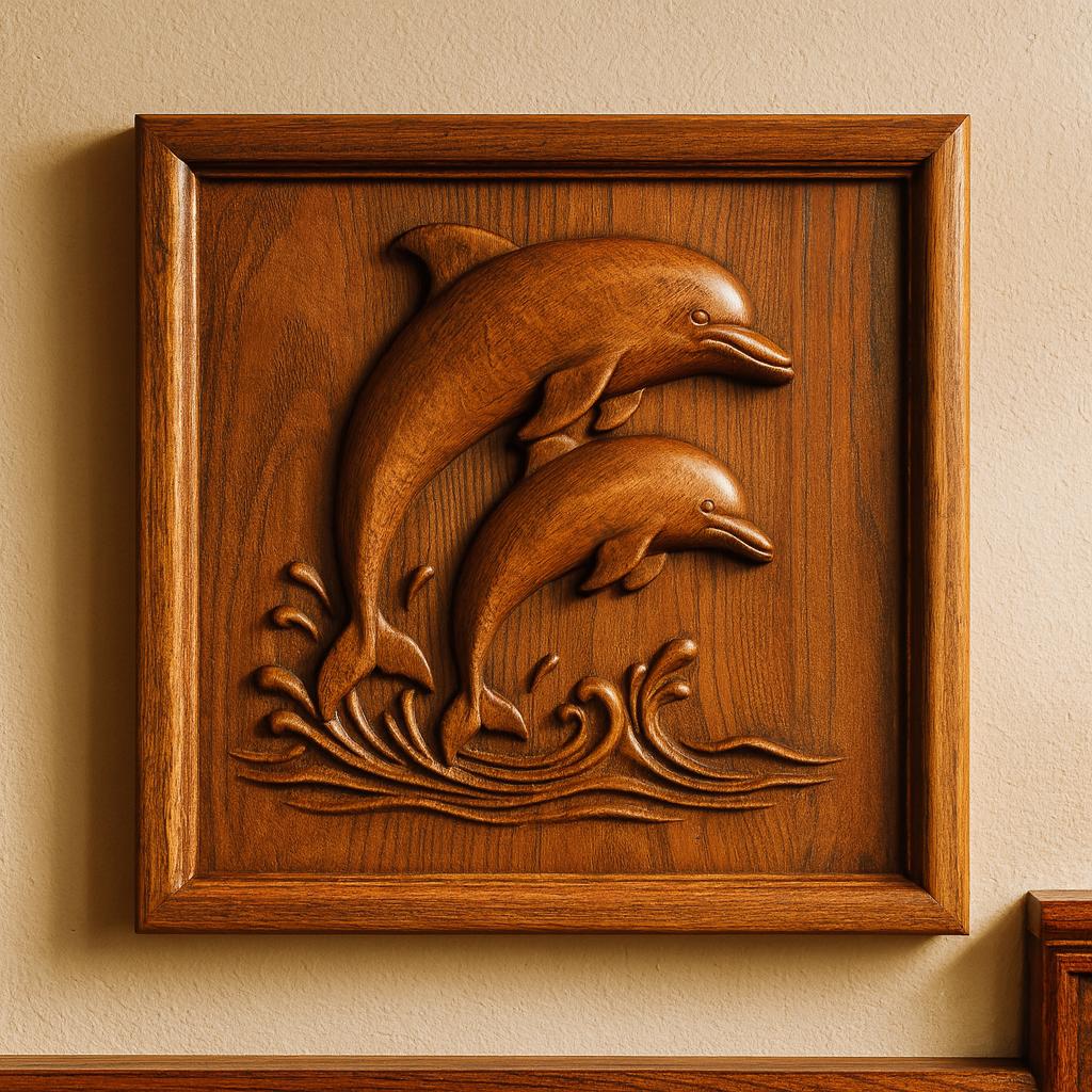 The "Jumping Dolphins CNC Relief STL File | Marine CNC Wall Art" by Form Arcade is a wooden wall plaque showcasing two dolphins in CNC-carved relief, leaping above stylized waves and bordered by a simple wooden frame, displayed on a beige wall.