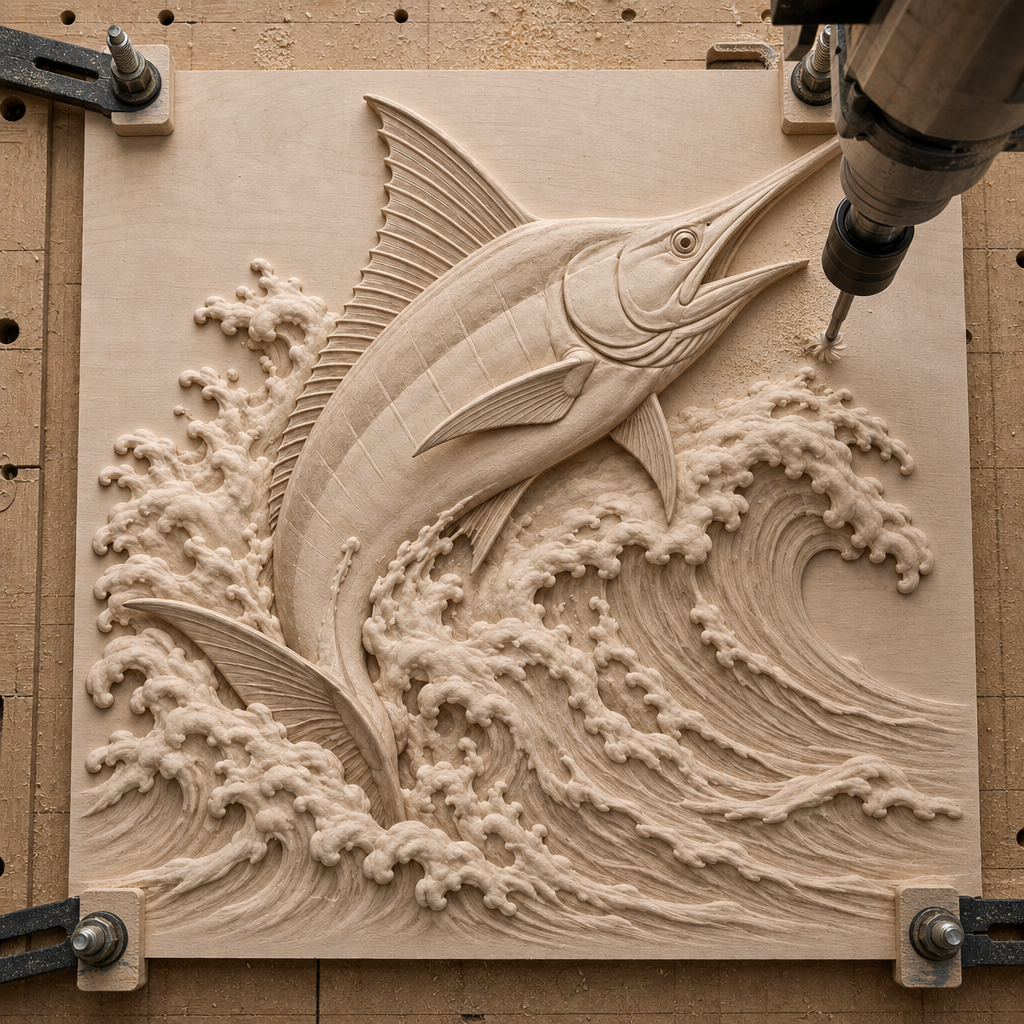 CNC machine cutting a pale wood relief of a leaping marlin and curling foamy waves on a clamped panel.