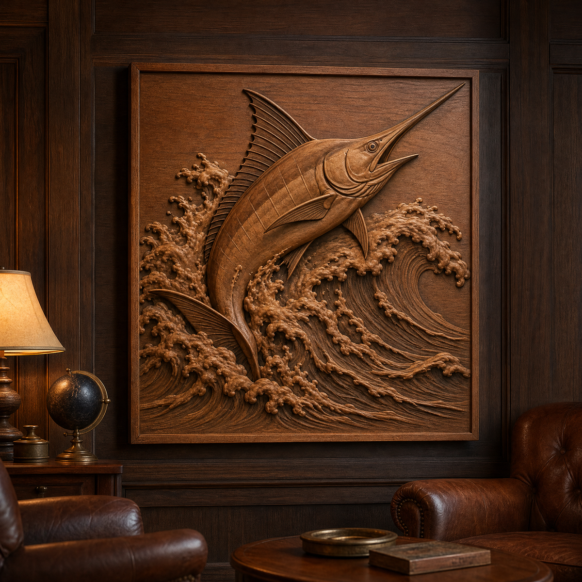Framed jumping marlin CNC relief with curling ocean waves displayed on a dark paneled wall in a warm sitting room.