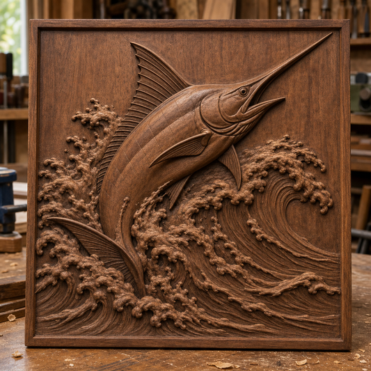 Jumping marlin CNC wood relief with curling foamy waves, shown as a finished carved panel in a workshop.