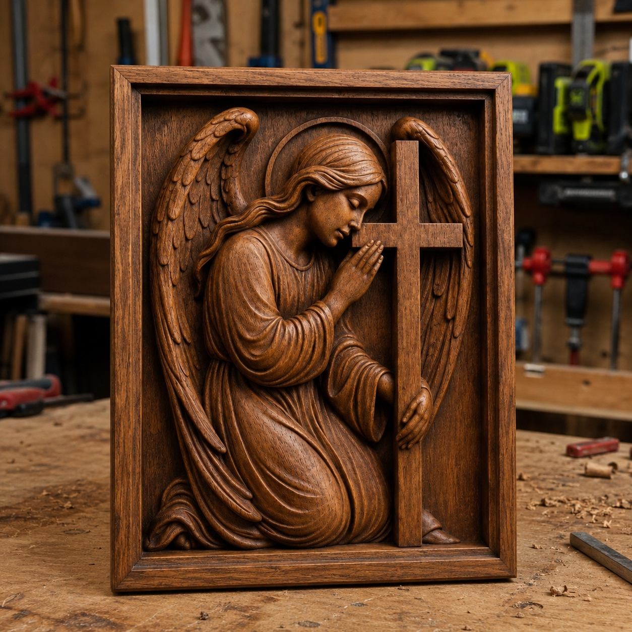 The Kneeling Angel CNC Relief STL File by Form Arcade features a detailed bas relief of a kneeling angel praying beside a cross, perfect for religious CNC wall art projects.