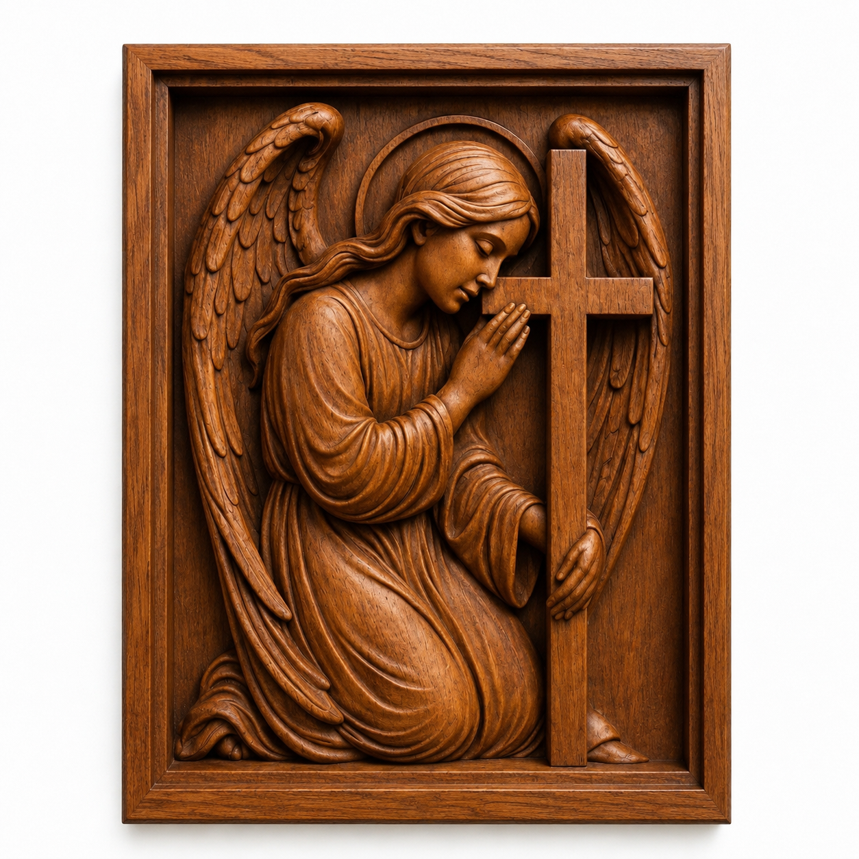 The Kneeling Angel CNC Relief STL File by Form Arcade features a praying angel holding a cross with detailed wings, set in a rectangular frame—ideal religious wall art for CNC carving projects.