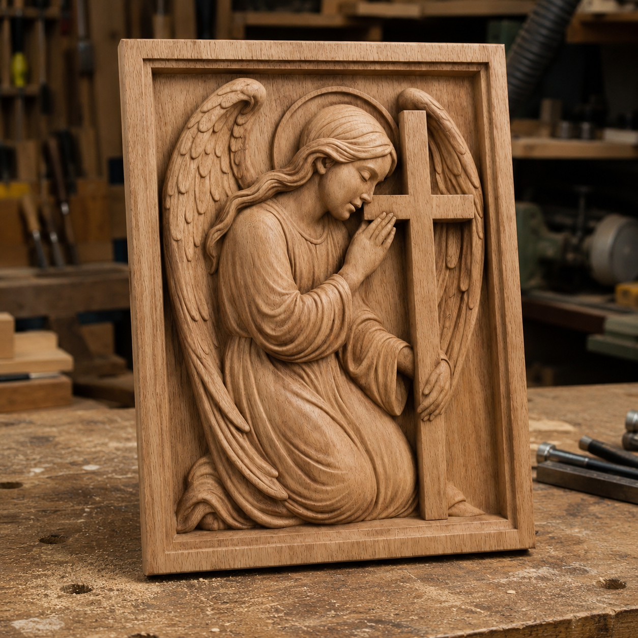 The Kneeling Angel CNC Relief STL File by Form Arcade features a wooden carving of a praying angel holding a cross, shown upright on a workshop bench with tools and woodworking equipment in the background. Perfect for religious CNC wall art projects.
