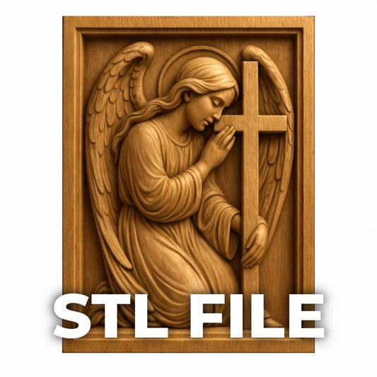 Kneeling Angel relief STL file shown as the main product image with STL FILE text overlay, featuring a carved wood panel presentation that highlights the full religious wall art design, clean bas relief depth, layered detail, and downloadable digital file use for CNC carving, wood routing, and resin or FDM 3D printing projects.