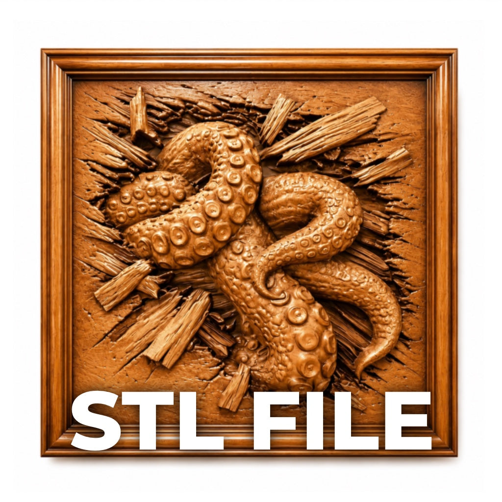 Kraken Tentacle CNC Relief STL File by Form Arcade: 3D illusion wall art of a Kraken tentacle breaking through a wooden frame, ideal for CNC woodworking projects. "STL FILE" in bold white at the bottom.
